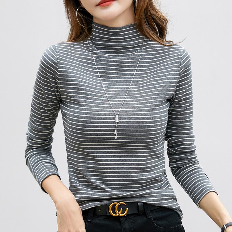 Футболка женская, модная, с длинным рукавом, Camisetas, эластичная, Ropa De Mujer, водолазка, полосатая футболка, теплые топы, базовые футболки
