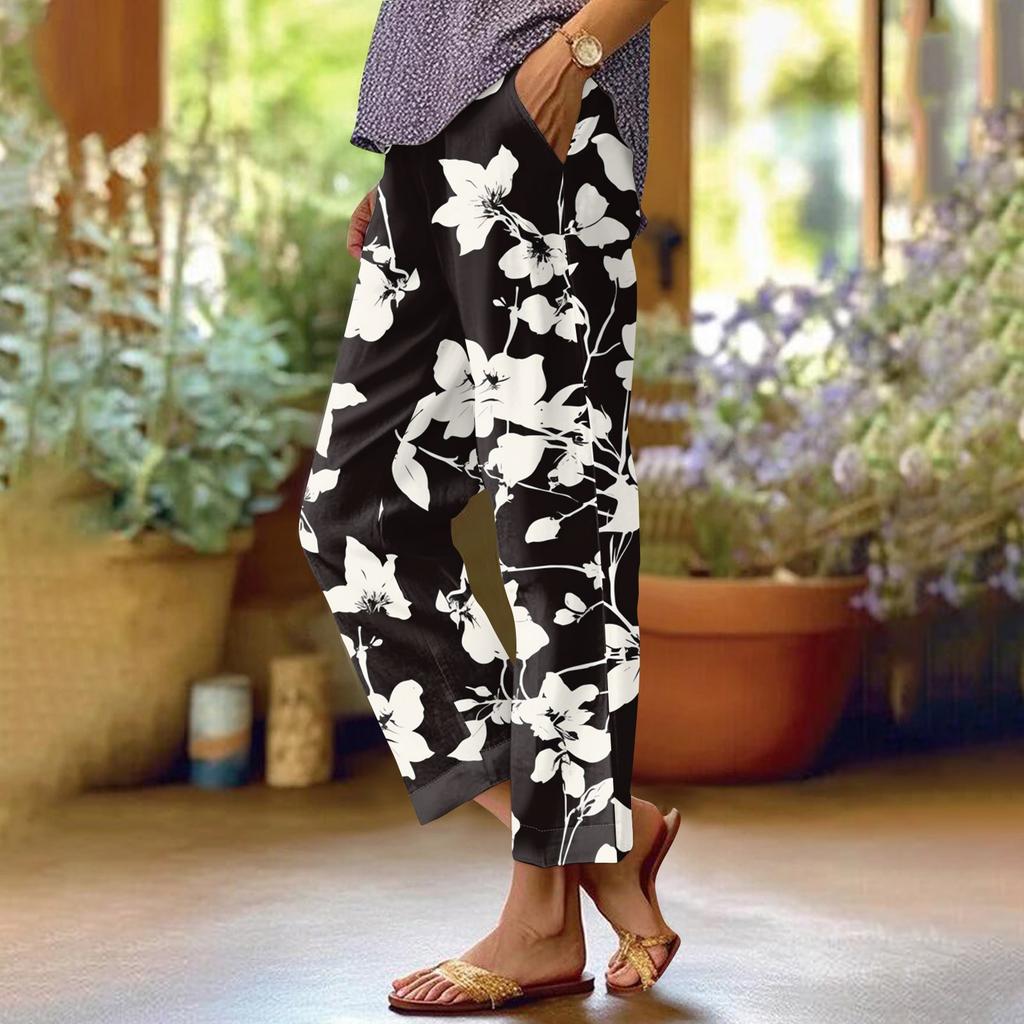 Women's Fashionable Floral Print Straight Leg Pocket Elastic Waist Casual Pants Pants