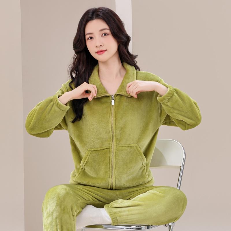 Сладкий конфетный цвет комплект из двух предметов пижамы осень-зима фланелевые пижамные комплекты женские флисовые утолщенные молнии однотонные симпатичные домашняя одежда