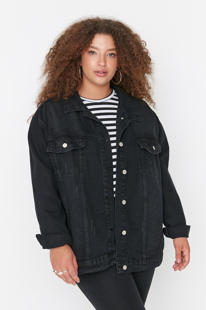 Women's Fashion New Big Size Jacket Anthracite Pocket Detailed Denim Jacket