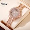 Quartz Watch with Metal Band Women Roman Numerals Rhinestones, Round Dial Ladies Wristwatch Band, for Casual and Formal Wear Rhinestone Inlaid Analog