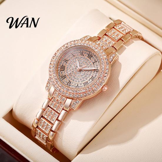 Quartz Watch with Metal Band Women Roman Numerals Rhinestones, Round Dial Ladies Wristwatch Band, for Casual and Formal Wear Rhinestone Inlaid Analog