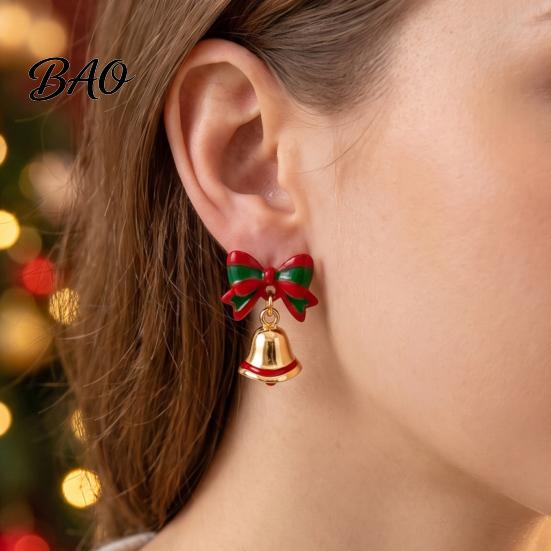 Holiday Gift for Her 1 Pair Jingle Bell Stud Dangle Drop Earrings Women, Small Unique Christmas Accessories Green Red Bow Jewelry Xmas Party, Stocking