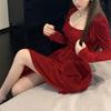 Women Dress Square Neck Pleated A-line Long Sleeves Pleated Slim Waist Velvet Mini Dress Prom