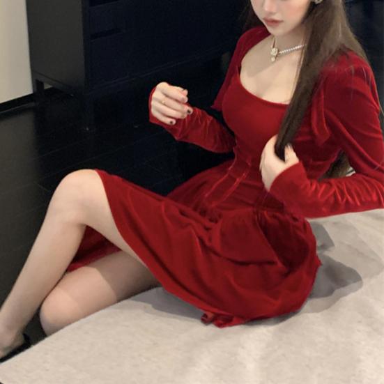 Women Dress Square Neck Pleated A-line Long Sleeves Pleated Slim Waist Velvet Mini Dress Prom