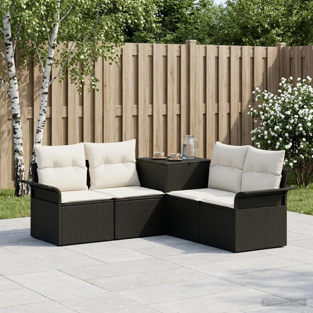 Sofa Set 5 Pieces Black and Cream White Poly Rattan and Steel