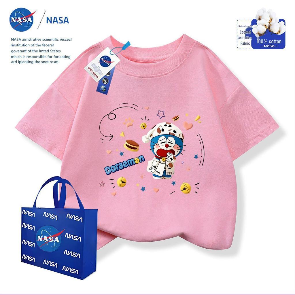 NASA x Doraemon Kids Cotton Round Neck T-Shirt with Embroidery Print, Short Sleeve