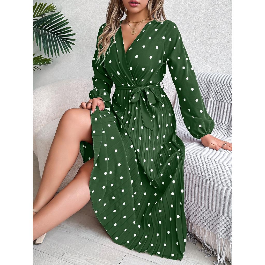 GMXIA Autumn and Winter Elegant Contrasting Polka Dot Cross V-neck Pleated Long Dress Women's Wear