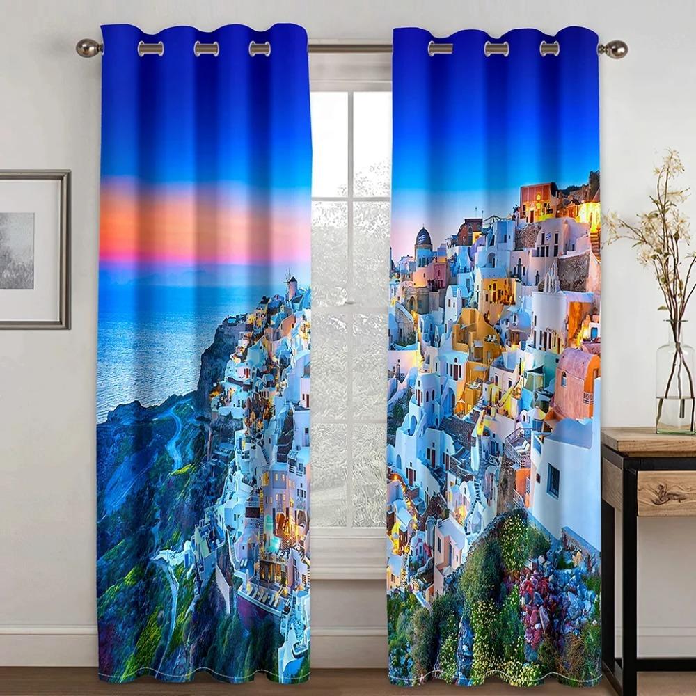 Vacation Style High Shading Curtain Aegean Sea Santorini Island Beach Blackout Drapes ideal for Bedroom Space Living Room Hotel Window Opening