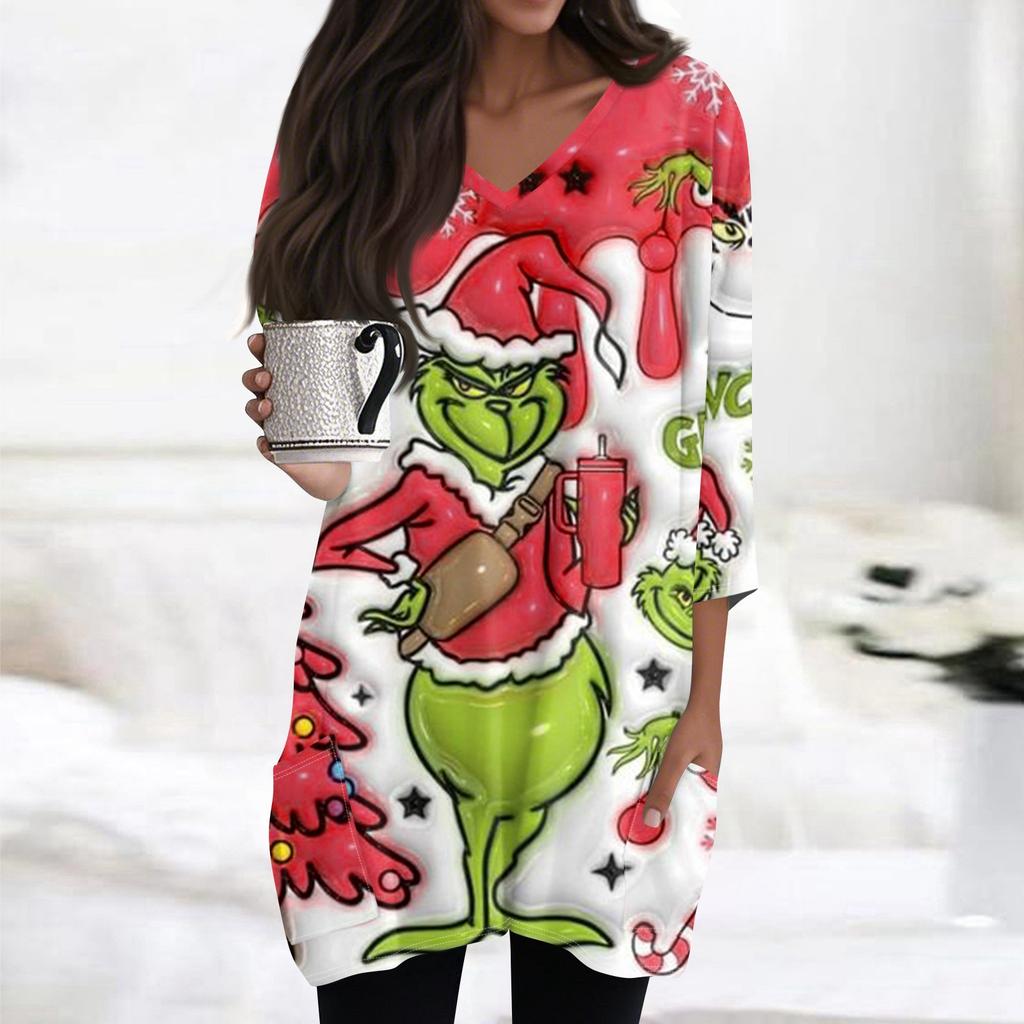 Женские топы с V-образным вырезом и рукавом 3/4, повседневные блузки средней длины, модные туники с рождественским принтом и карманами