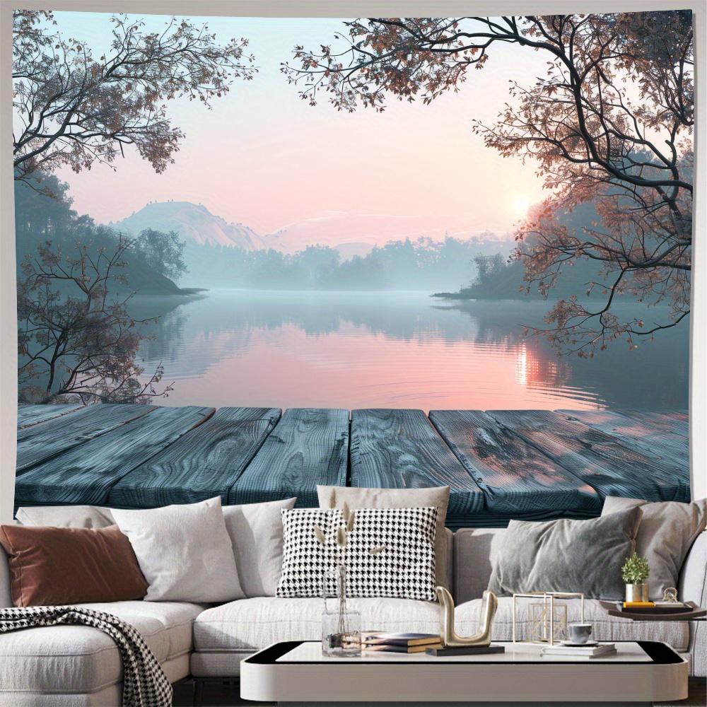 Misty Lake Sunset Tapestry, Calming Print with Serene Lake, Autumn Trees & Wooden Deck, Wall Hanging for Bedroom, Nature Decor