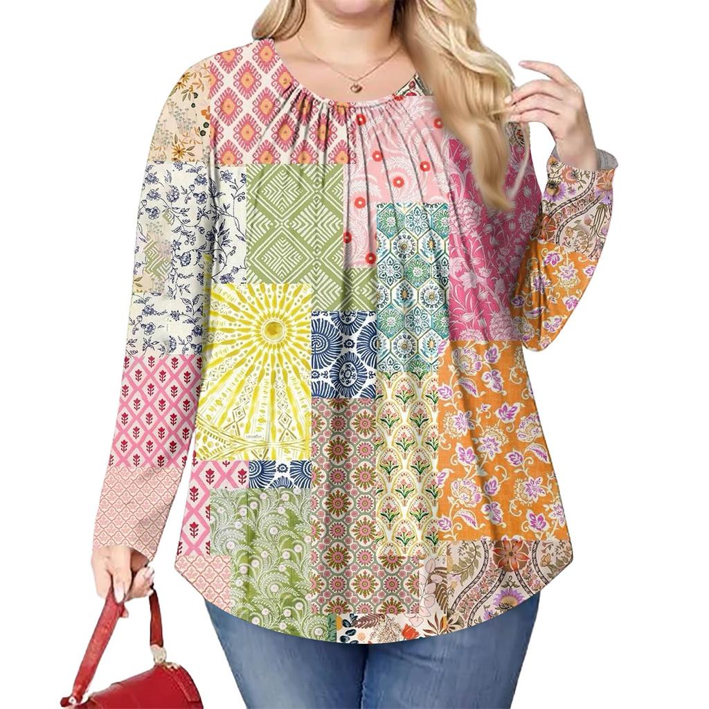Women's Plus Size Fashion Printed Casual Pleated Round Neck Long Sleeve Top