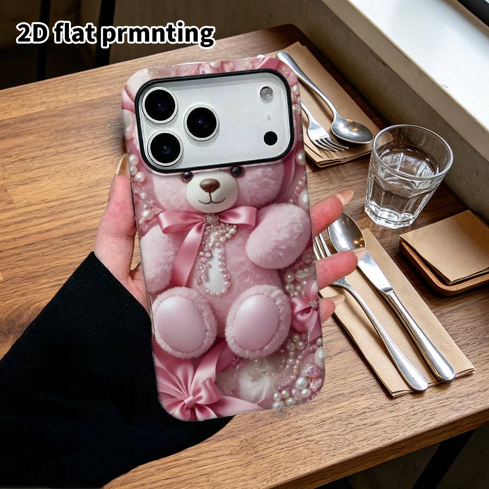 Phone Case: 2D flat design suitable for iPhone 18, 17, 16, 15, 14, 13 Pro film protective case, couple style, pink little bear, Christmas and Hallowee