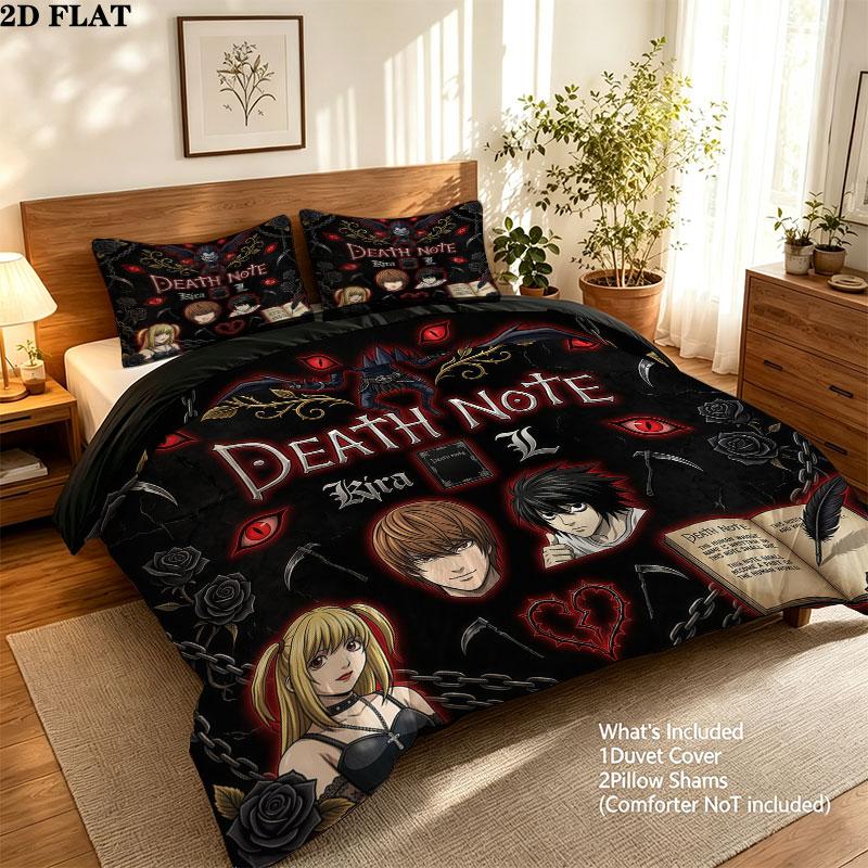 Death Note Pattern Bedding Quilt Set Quilt Cover Pillowcase Home Birthday Gift(1 * duvet cover + 2 * pillowcase, without core)
