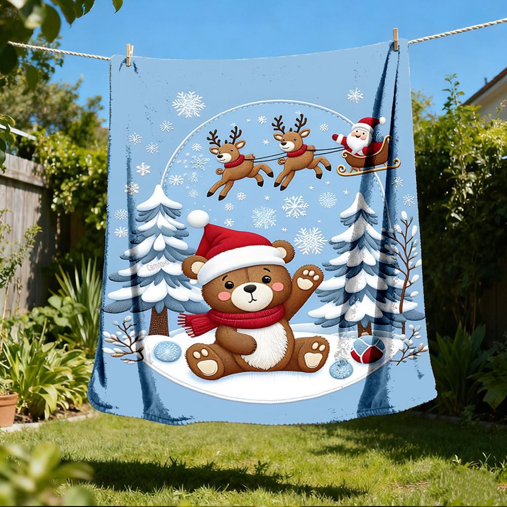 1pc Christmas teddy bear Outdoor Flannel Blanket , Machine Washable Perfect Gift for Birthday , Holiday Travel Accessory , Durable Material