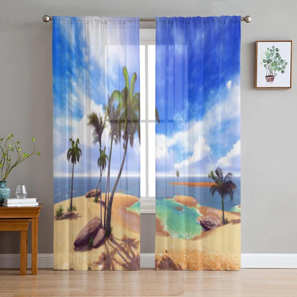 Beach Palm Tree Sheer Window Curtains for Living Room Girl Bedroom Tulle Curtains Kitchen Veil Chiffon Drapes