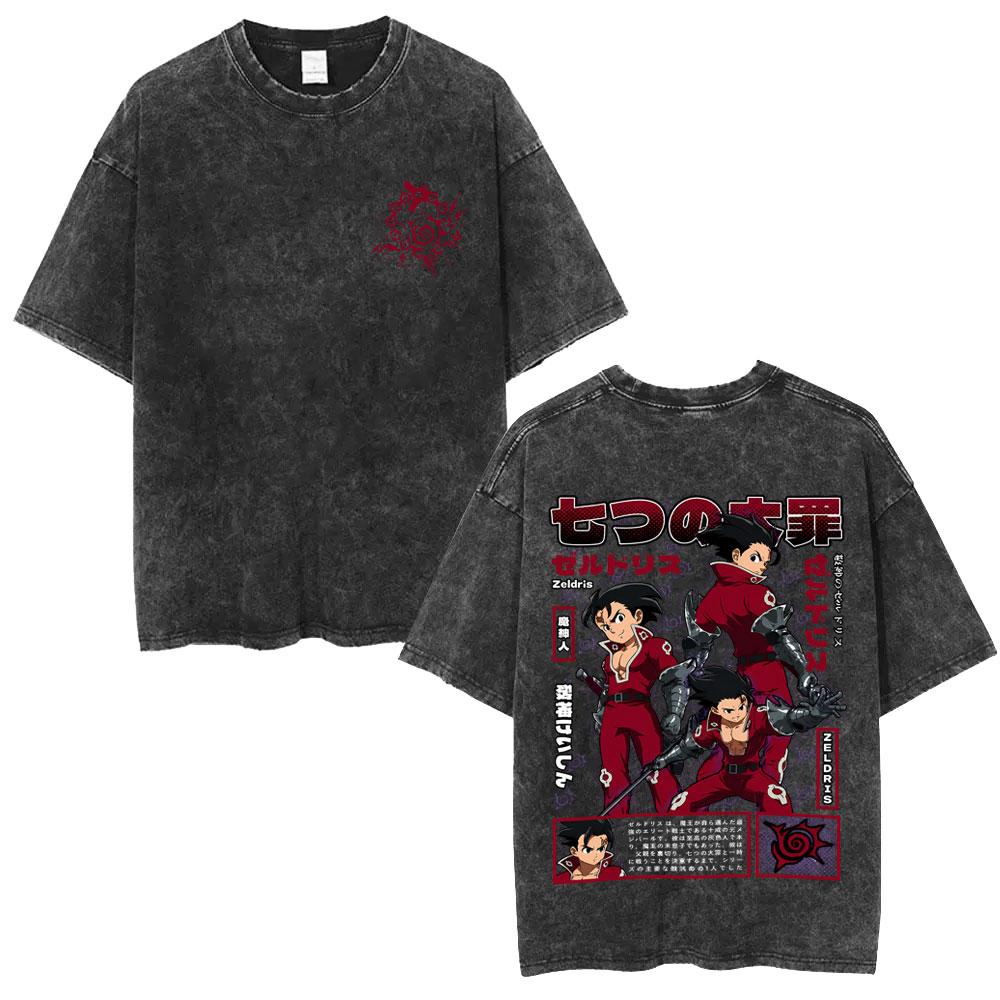 Washed Vintage Anime The Seven Deadly Sins Zelldris Graphic T-shirt Men Women Manga Oversized T Shirt High Quality Cotton Tees
