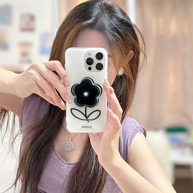Black Peal Flower Grip Tok Holder Acrylic Hard Phone Case for Samsung Galaxy S26 20 Ultra S25 Plus S24 S23 S22 S21 S20 FE