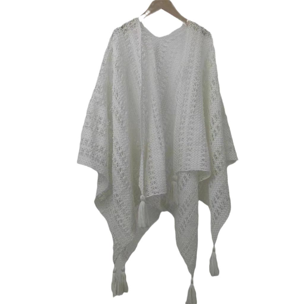 Summer New Knitted Hollowed-Out Slits Hanging Ball National Wind Solid Color Shawls Outside With Decorative Shawls Women