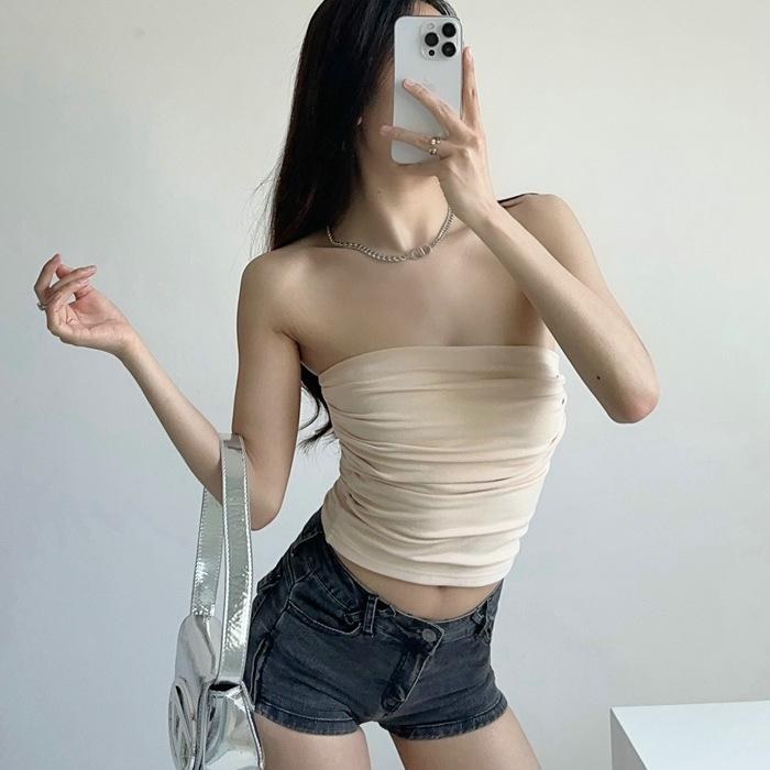 Топ-бандо с одним плечом, плиссированный, летняя верхняя одежда, дофаминовый, облегающий топ, женский летний, сексуальный, топ-жилет на талию, двухслойный