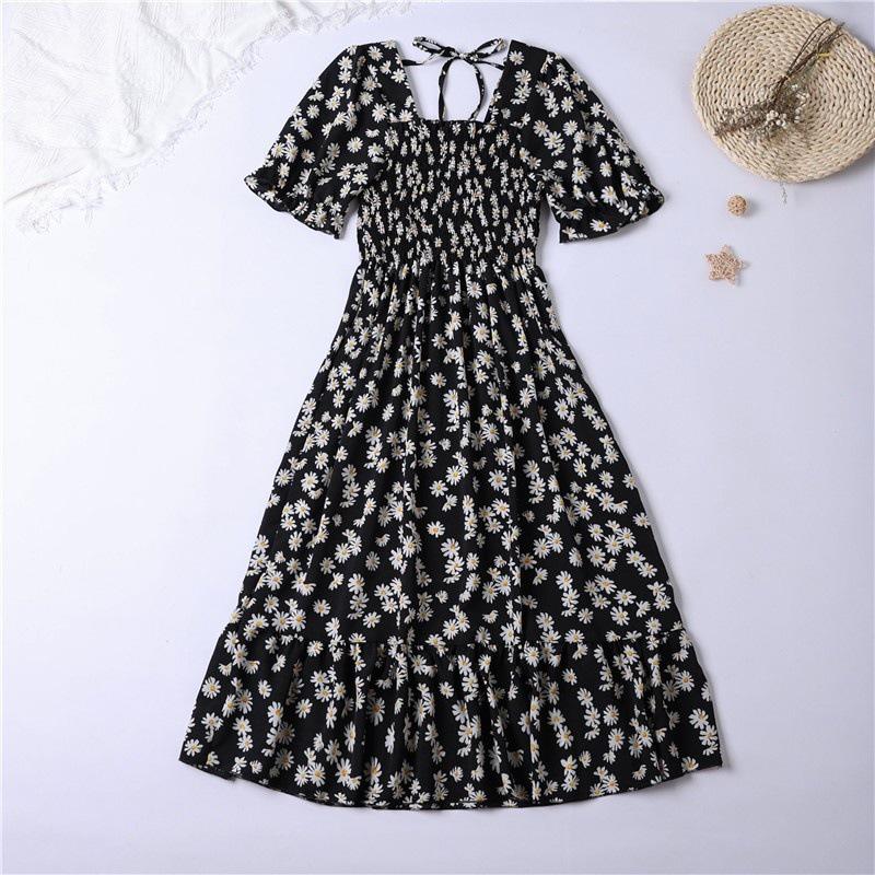 Spring Summer Pleated Women Square Collar Chiffon Dresses Casual Beach Holiday Short Sleeve Square Collar Woman Midi Dress Bohemian Mujer Vestidos