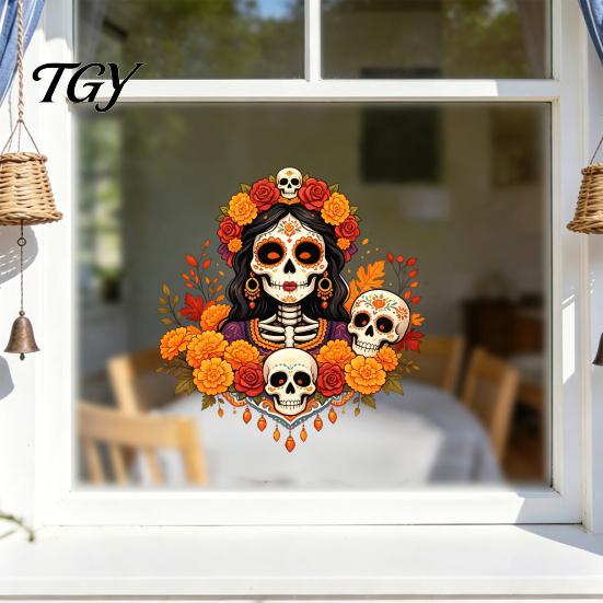 Decorative Window Film for Parties Day of The Dead Clings, Dia De Los Muertos Sticker, Colorful Removable Holiday Glass Clings Sugar Skull with