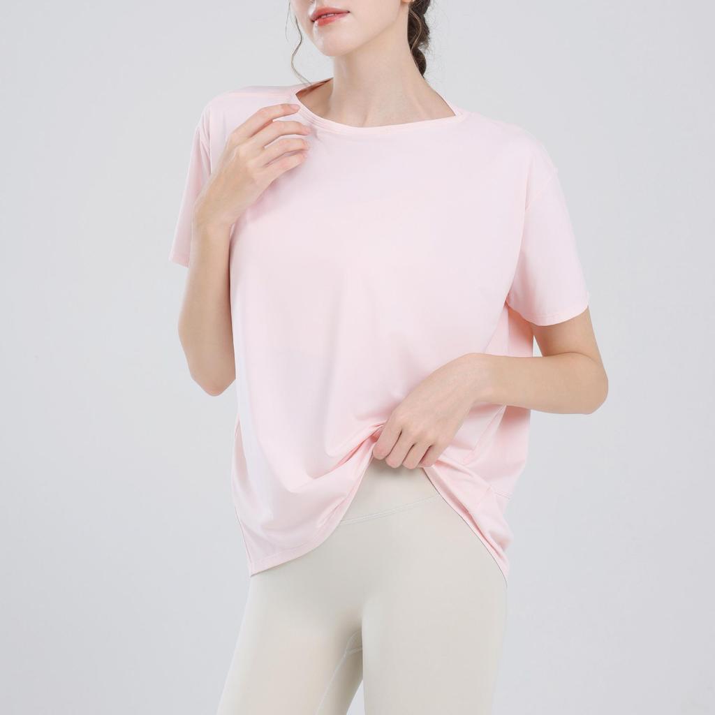 Женский спортивный жилет телесного цвета: Свободные, закрывающие бедра, стройнящие топы для йоги и летние тренировочные футболки с короткими рукавами.