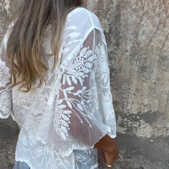 Женские топы с круглым вырезом и рукавами 3/4, белая блузка с цветочным кружевом, однотонная, свободного кроя, повседневная рубашка для вечеринок, клубов, летняя блузка