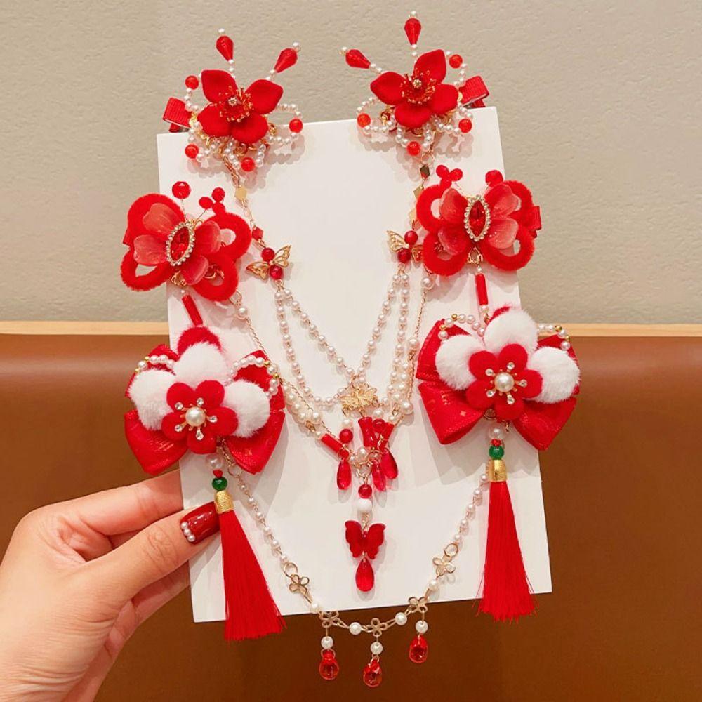 Hanfu Headwear Chinese Style Red Barrettes Forehead Chain Ancient Style Hair Clip  Festival