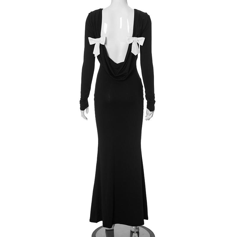 Женское осеннее платье-халат с круглым вырезом, длинными рукавами, открытой спиной, бантом и высокой талией