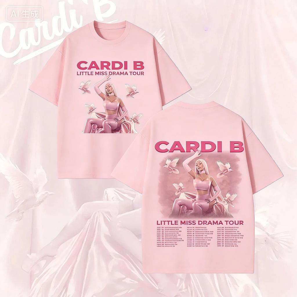 Черная двусторонняя футболка Cardi B "Little Miss Drama Tour" с розовым портретом и полным списком дат тура для фанатов хип-хопа