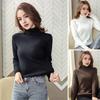 Women Knitting Tops High Collar Long Sleeve Solid Color Warm Fleece Lining Pullover Tops Slim Fit Thickened Knitwear Daily Wear