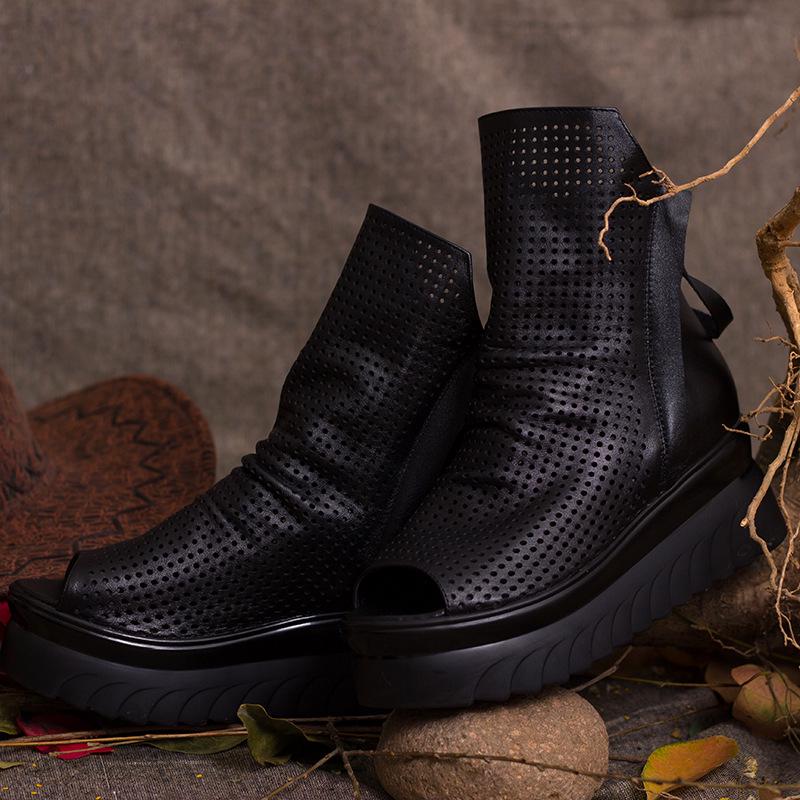 Летние черные ботильоны из натуральной кожи для женщин, босоножки на платформе и высоком каблуке на танкетке, летняя женская обувь