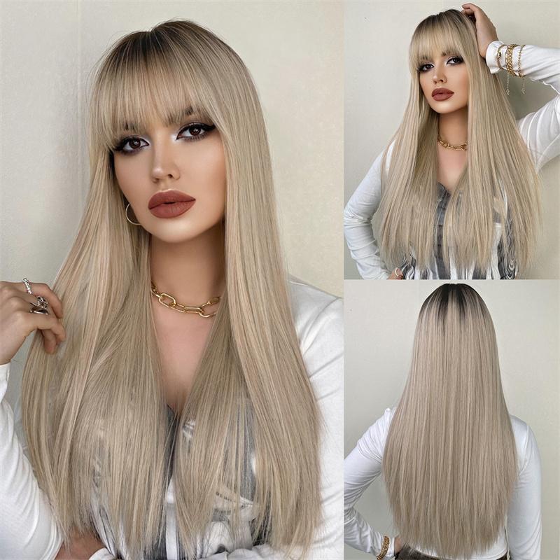Long Ombre Blonde Wigs for Women Synthetic Hair Straight Wig with Bangs Cosplay Wigs Drag Queen Party Anime Movie Costume Wig