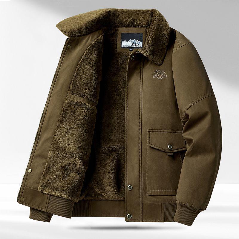 Men's Winter Air Force Pilot Jacket with Velvet, Thick Pure Cotton, Loose Fit, Lapel Design for Middle-aged
