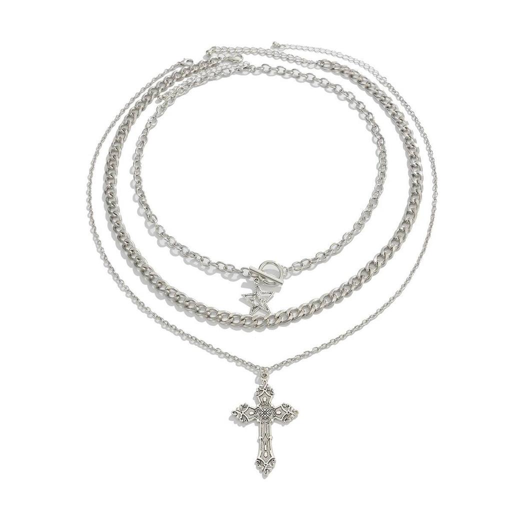 SHIXIN 3Pcs/Set Punk Style Star Jesus Cross Pendant Necklace for Men Hip Hop Stackable Multi Layer Thick Chain Choker Necklace