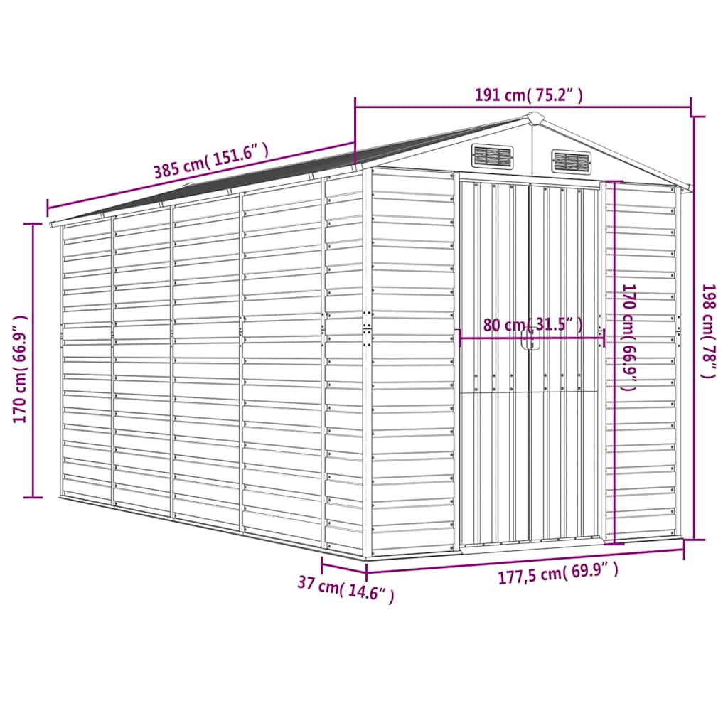 Garden Shed Light Brown 191 x 385 x 198 cm Galvanized Steel