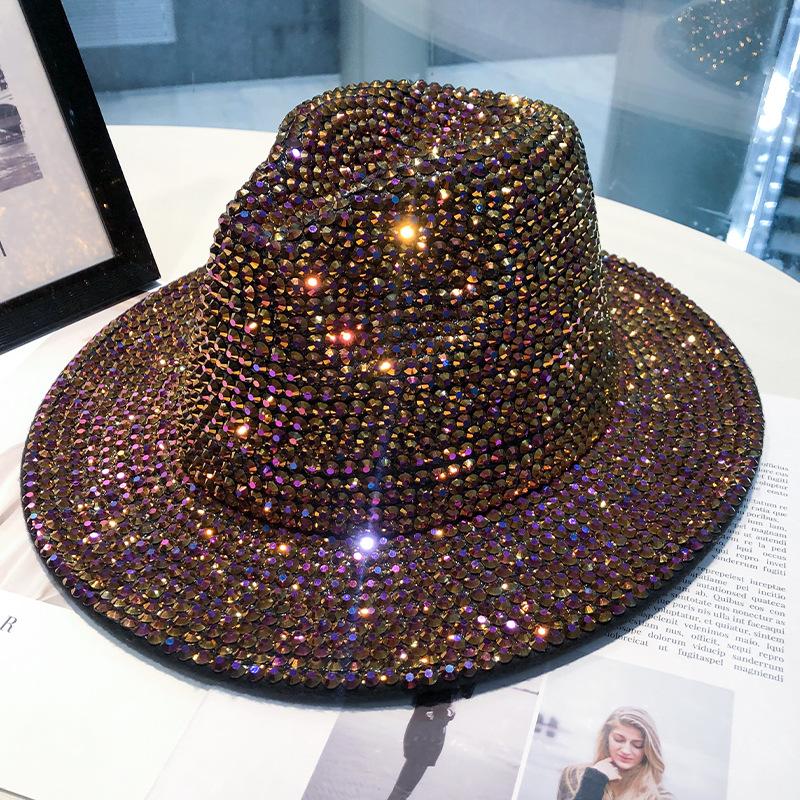 Hat women's autumn and winter fashion rhinestone elegant jazz hat British retro versatile diamond-encrusted woolen women's top hat tide