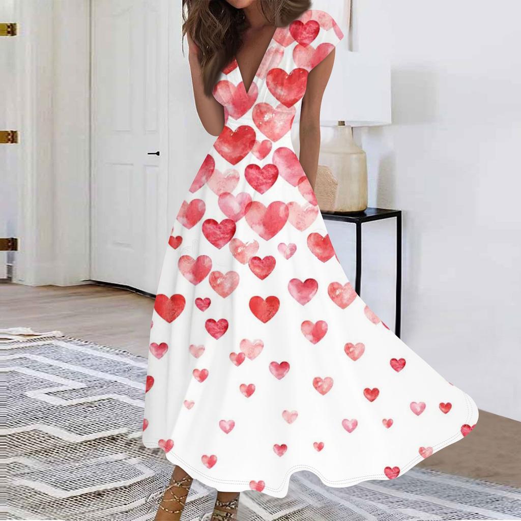 Женские модные повседневные плиссированные платья с V-образным вырезом и завязками на День святого Валентина с принтом