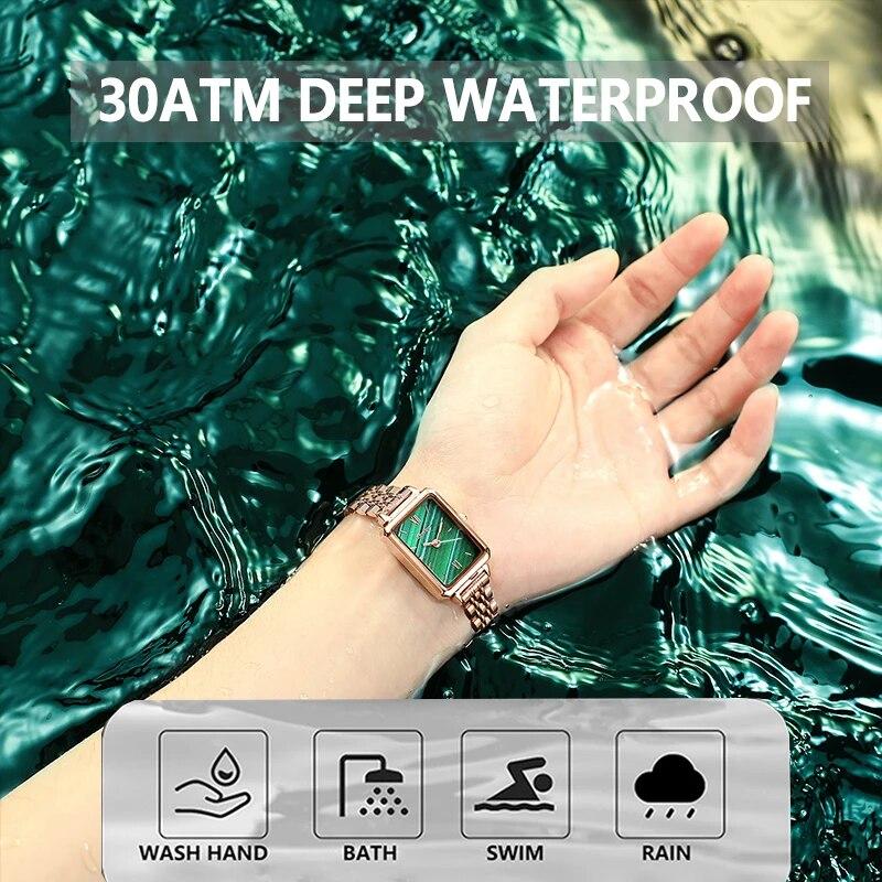 Женские часы, модные зеленые квадратные кожаные кварцевые часы, лучший бренд, роскошные водонепроницаемые женские наручные часы для подруги