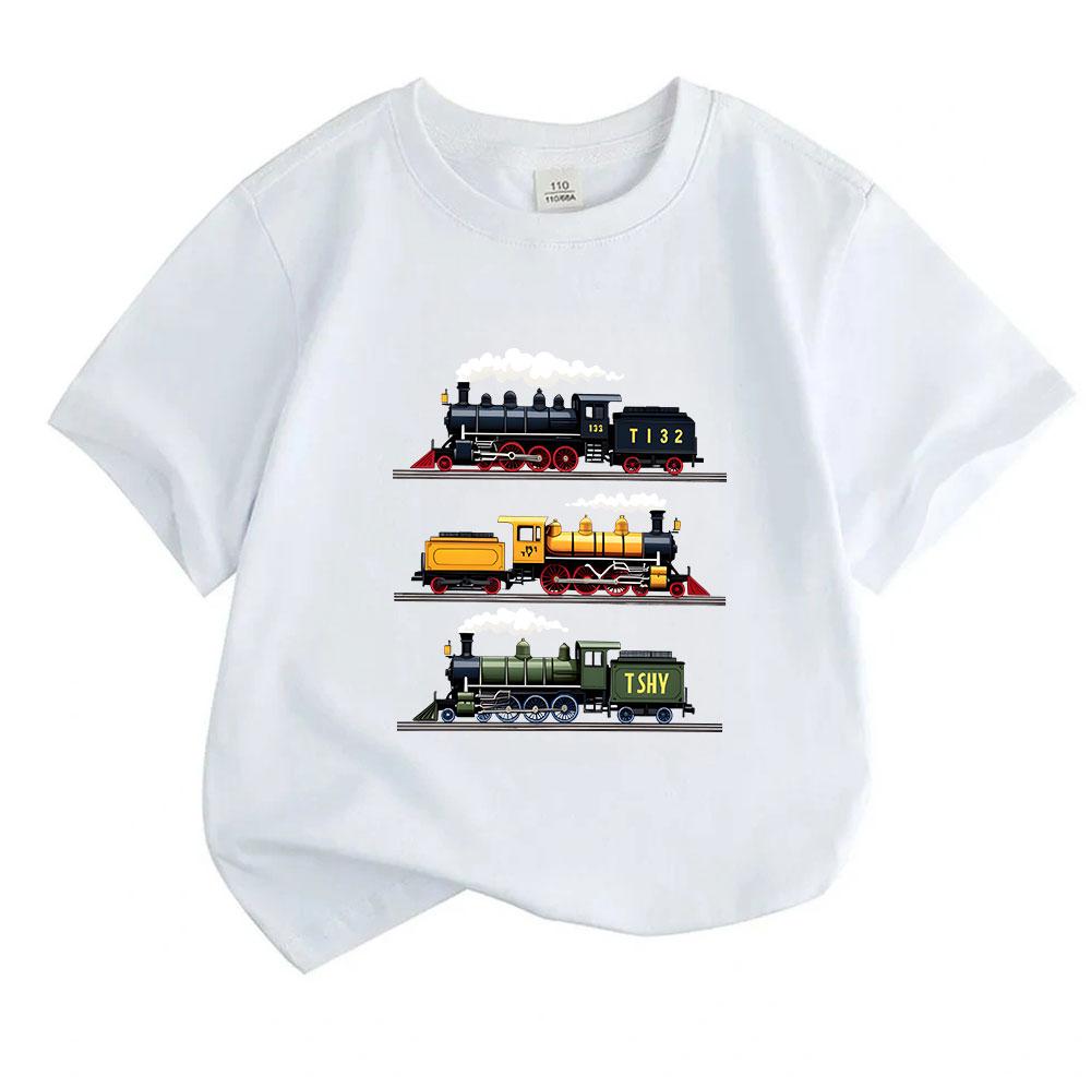 Kids Boys Girls 100% Cotton Crew Neck Short Sleeve T-Shirt, Vintage Steam Locomotive Print Casual Comfortable Tees for Toddler Children Daily Wear