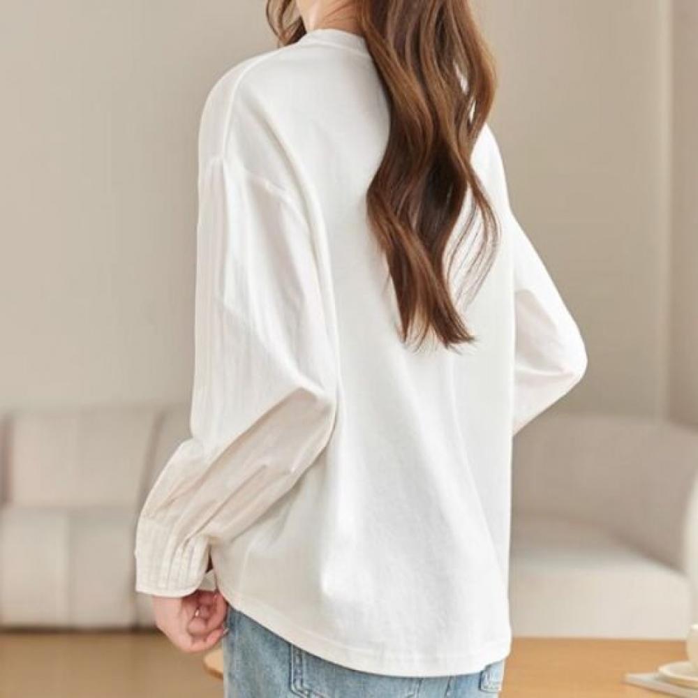 Navava Unisex NT3200 Daily Solid Shirred Sleeve Round Neck Long Sleeve T shirT