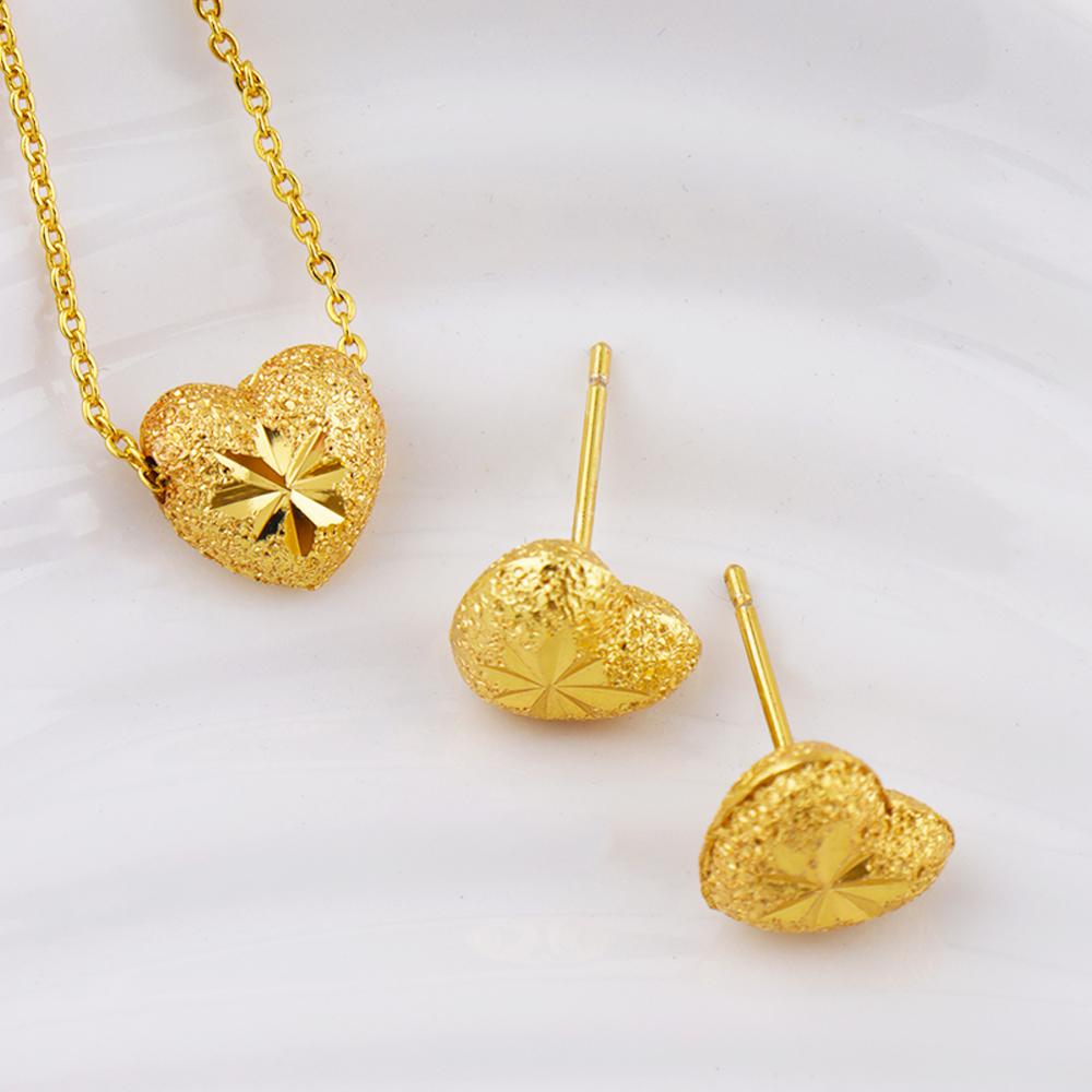 Exquisite Gold Color Jewelry Set for Party Heart Stud Earrings and Pendant Chain America Bridal Jewelry Set for Engagement Party