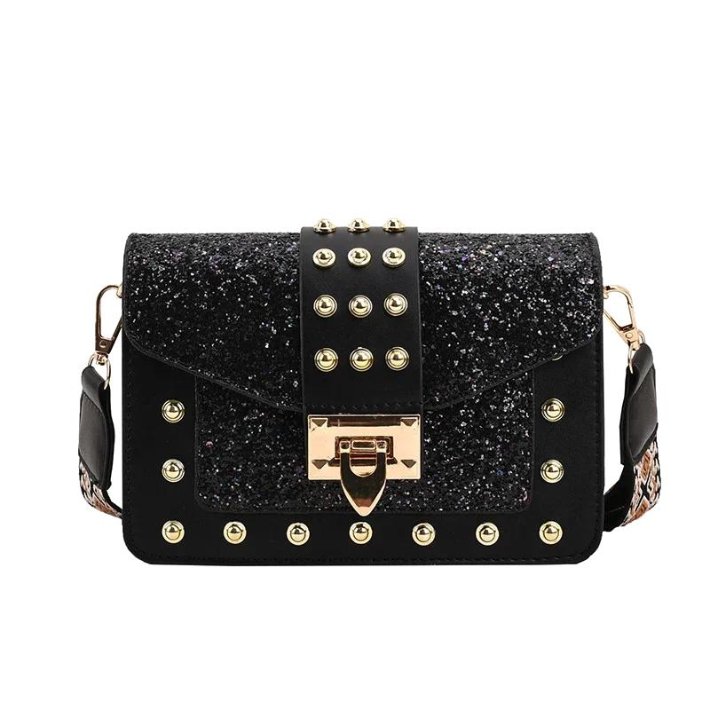 Модная женская сумка через плечо с заклепками из лакированной кожи, широкая сумка через плечо, женская модная маленькая квадратная сумка через плечо с пайетками