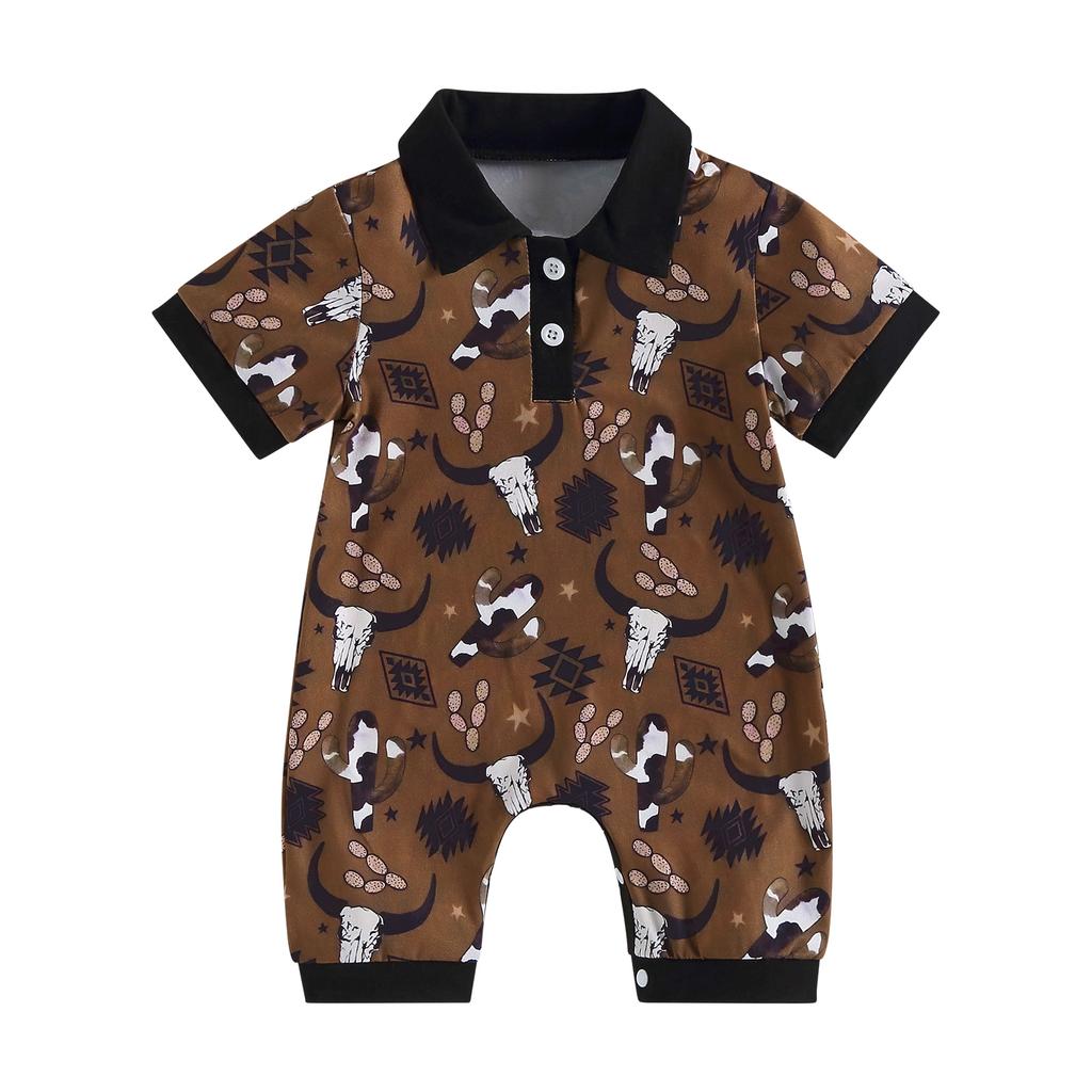 Baby Boys Summer Jumpsuit Casual Bull Head Print Short Sleeve Romper for Newborn Infant