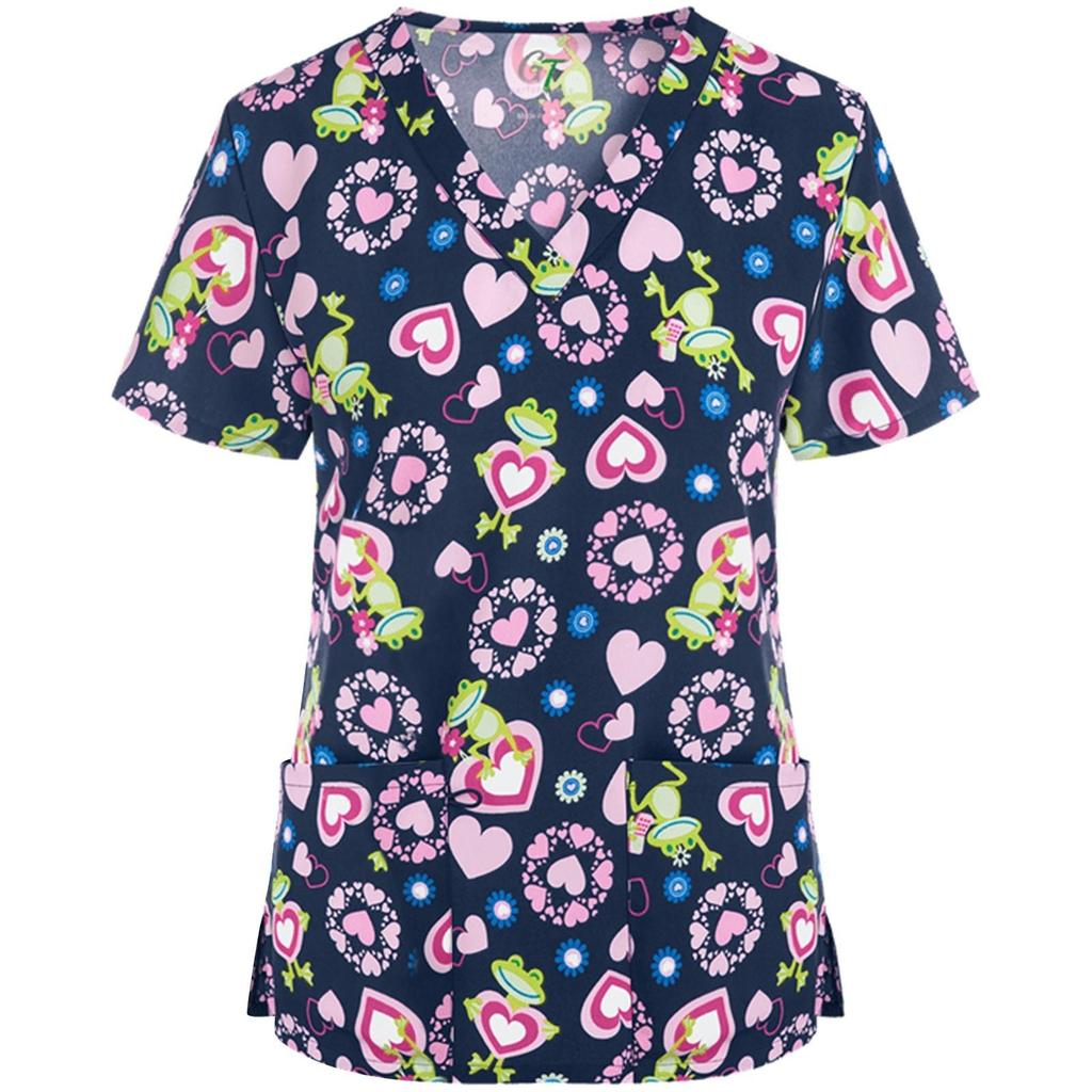 Женский топ с короткими рукавами и v-образным вырезом, рабочая униформа медсестры, комбинезон с животным принтом, рубашка с рисунком кошки и собаки, темперамент