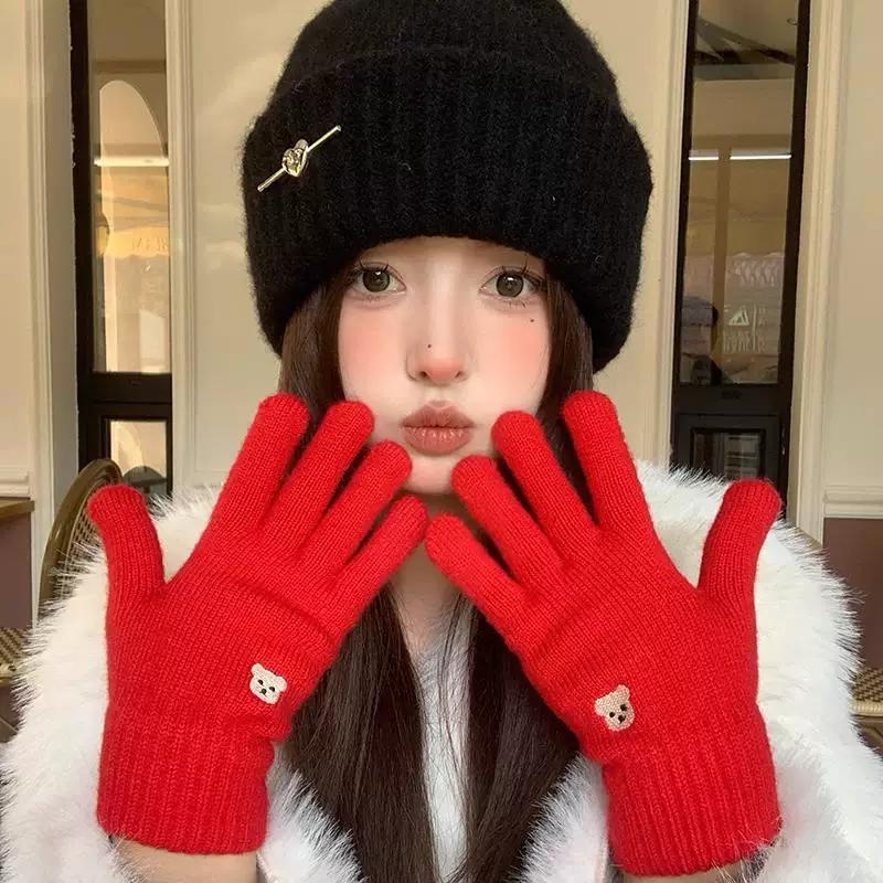Red Cute Windproof Knitted Wool Gloves for Women, Cotton Warm Anti-Cold Fingerless Touchscreen Gloves for Cold Weather Cycling in Winter