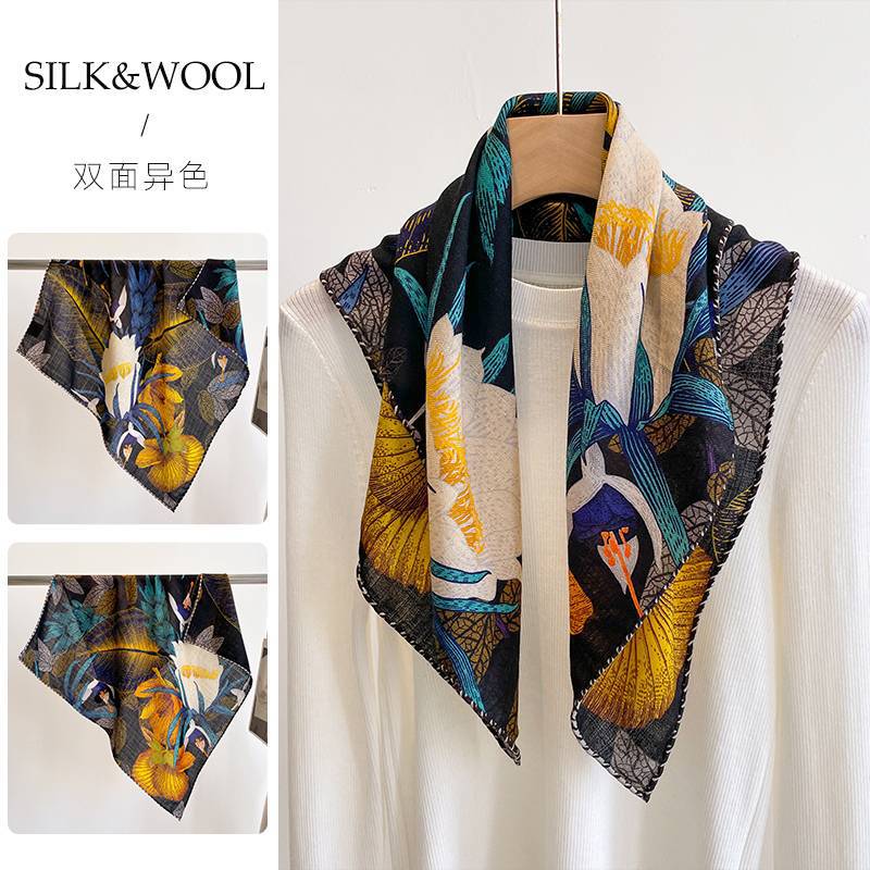 Spring, autumn and winter new high-end silk scarf women's fashion temperament printed shawl double-sided silk scarf