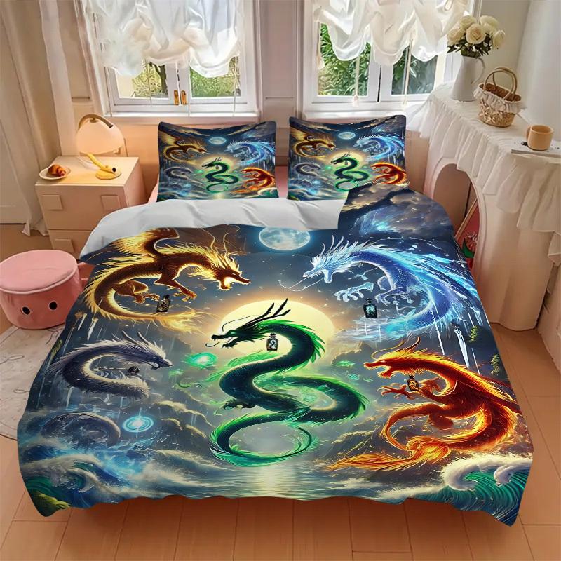 3pcs Mythical Dragons Duvet Cover Set - Machine Washable, Includes 1 Cover and 2 Pillowcases, No Core Included yy251013065