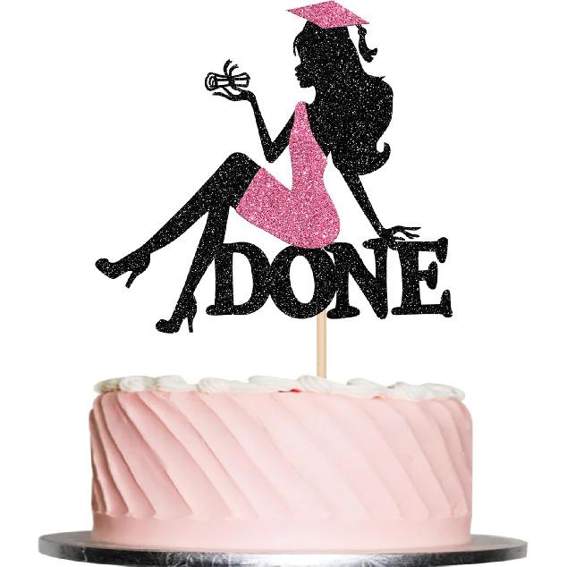 1 PCS High Heel Girl Graduation Cake Topper Black Pink Glitter Done Diploma Class of 2025 Congrats Grad Cap Cake Pick for 2025 Senior High School